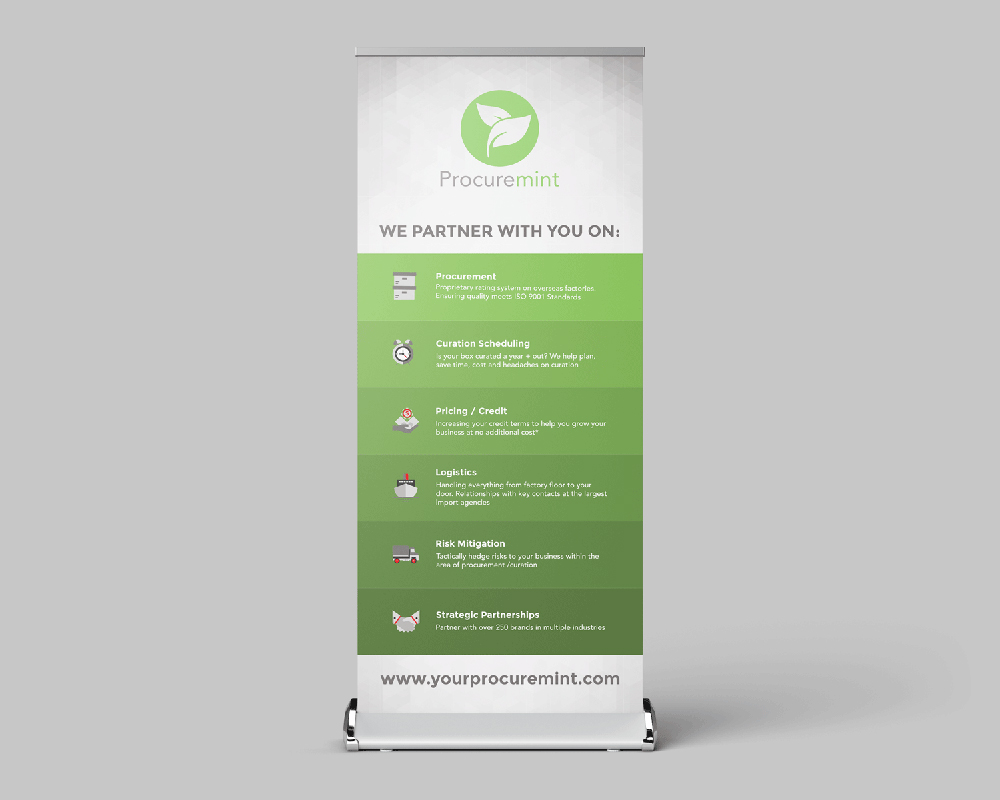 Retractable banner stand showing reasons to partner with Procuremint