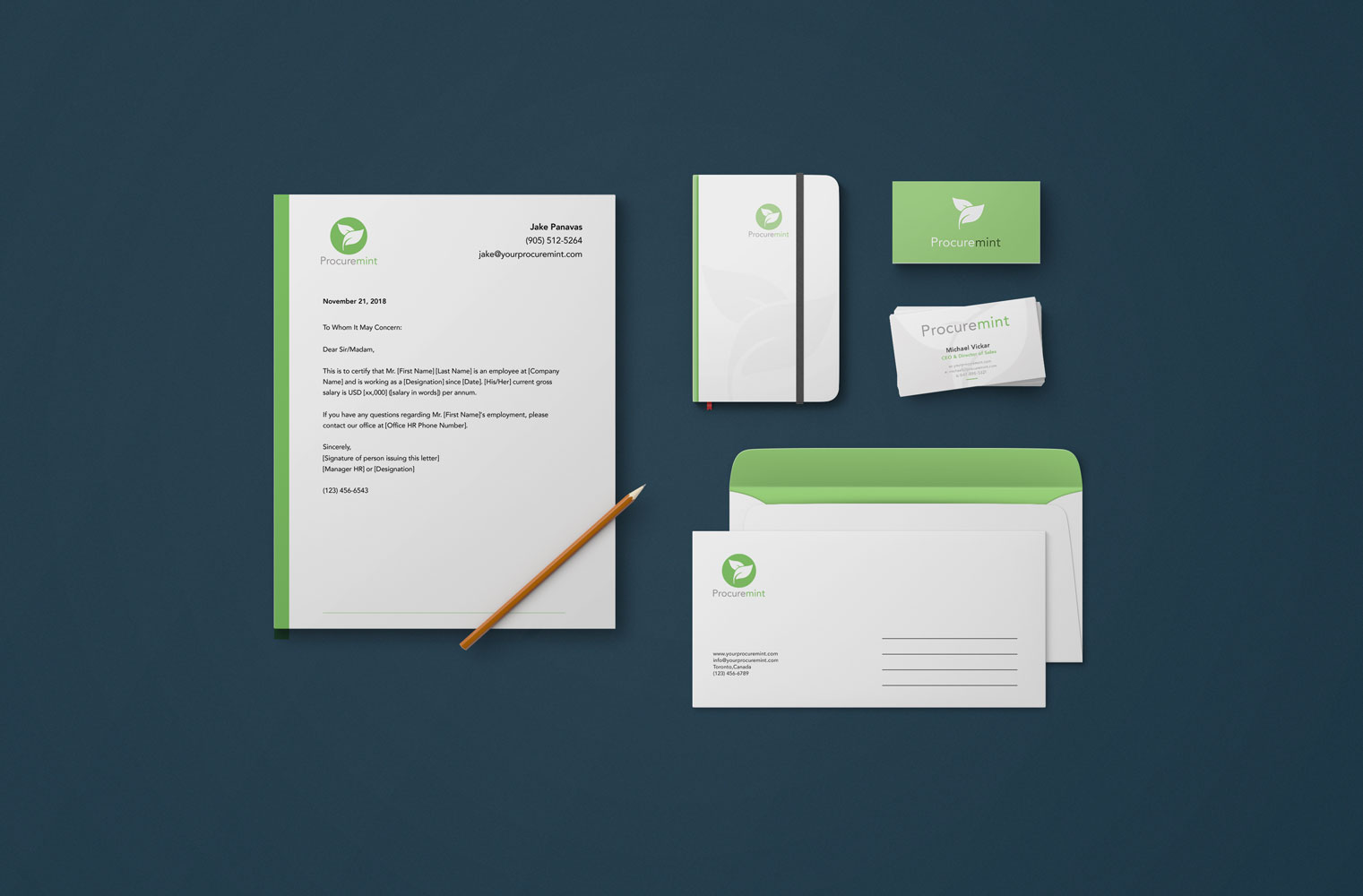 Various stationary made for Procuremint including business cards, envelopes, letterheads and journals