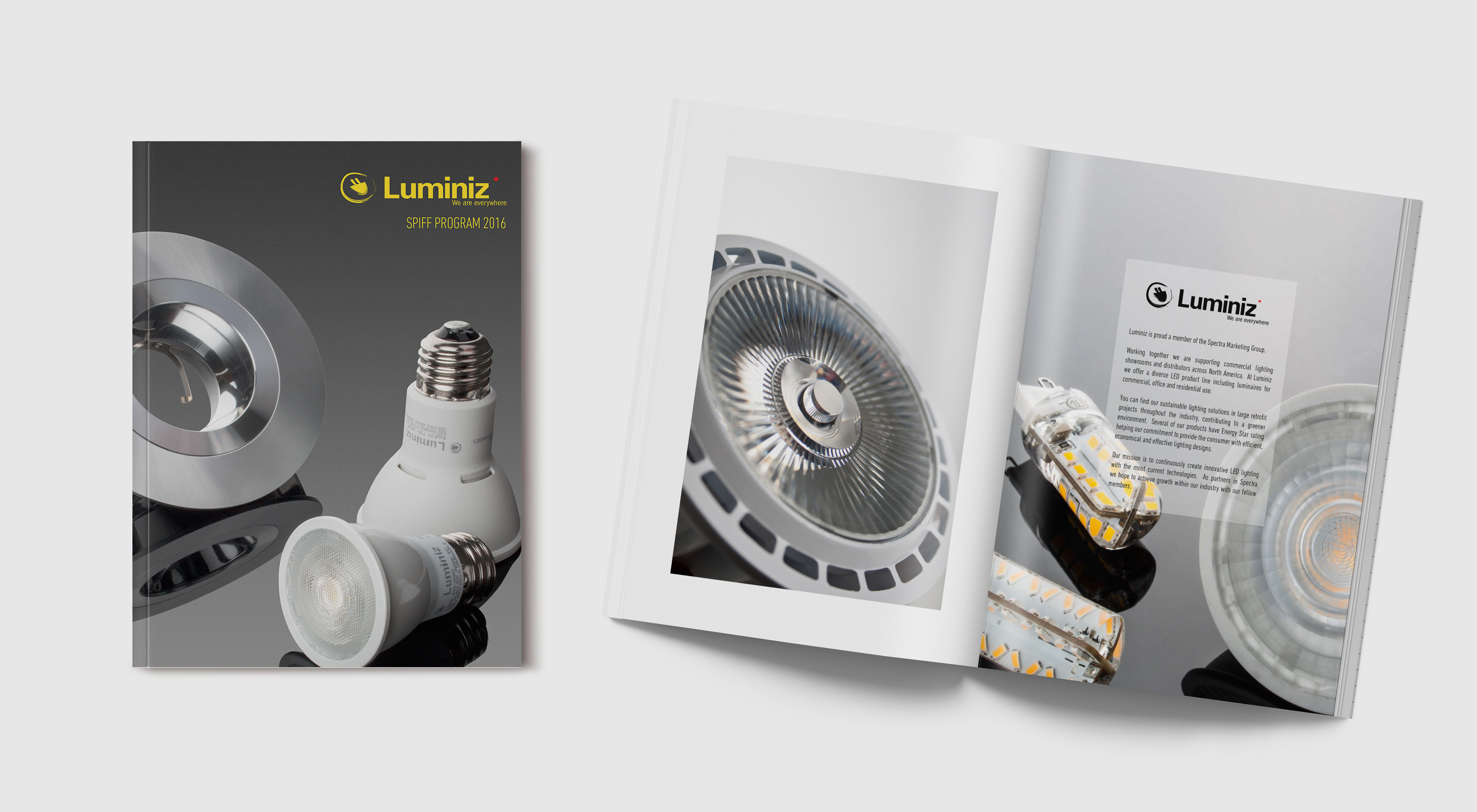 Front cover of a catalog next to an open spread of a catalog for Luminiz